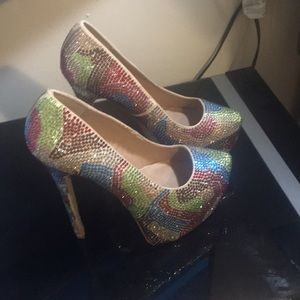 Multi color rhinestone high heel pumps